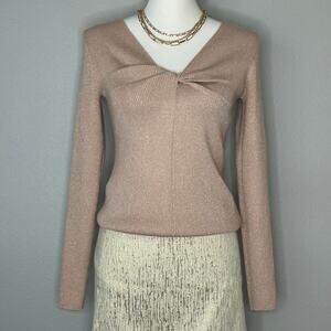 Halston Ribbed Gold Shimmer V-Neck Knit Top Twist Front Long Sleeve
Glam Fairy